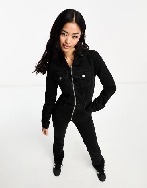 Pull Bear Langarmliger Jeans Jumpsuit in Schwarz ASOS