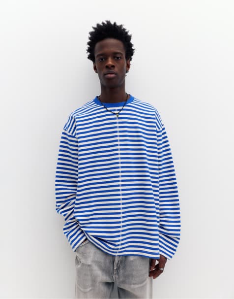 Pull&Bear – Langärmliges, gestreiftes T-Shirt in Blau - view 1