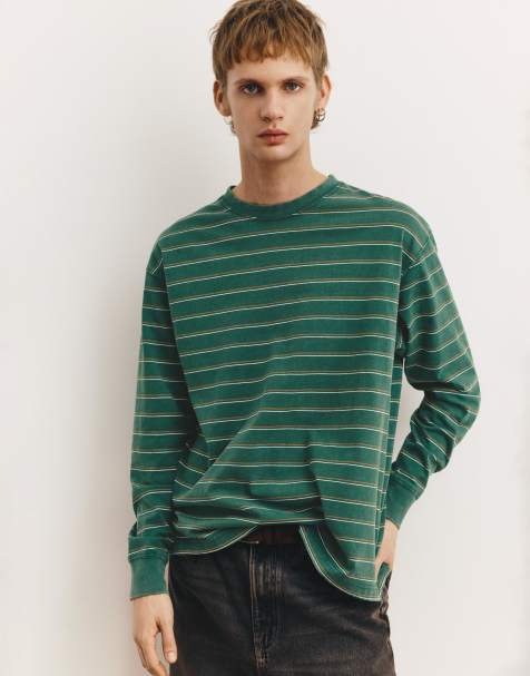 Pull&Bear – Langärmliges, gestreiftes T-Shirt in Grün - view 1