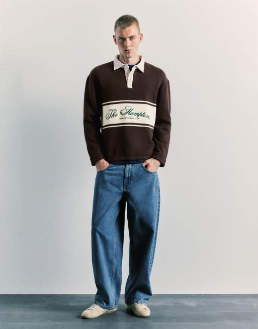 Pull&Bear langärmliges Grafik-Polohemd in Schokobraun, 4 von 7