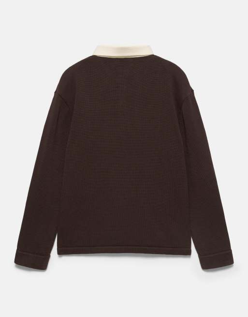 Pull&Bear langärmliges Grafik-Polohemd in Schokobraun, 7 von 7