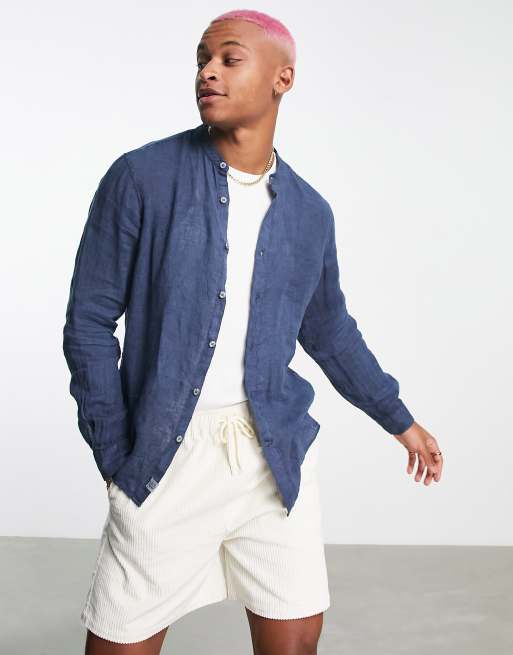 Pull&Bear – Langärmliges Grandad-Hemd aus Leinen in Marineblau