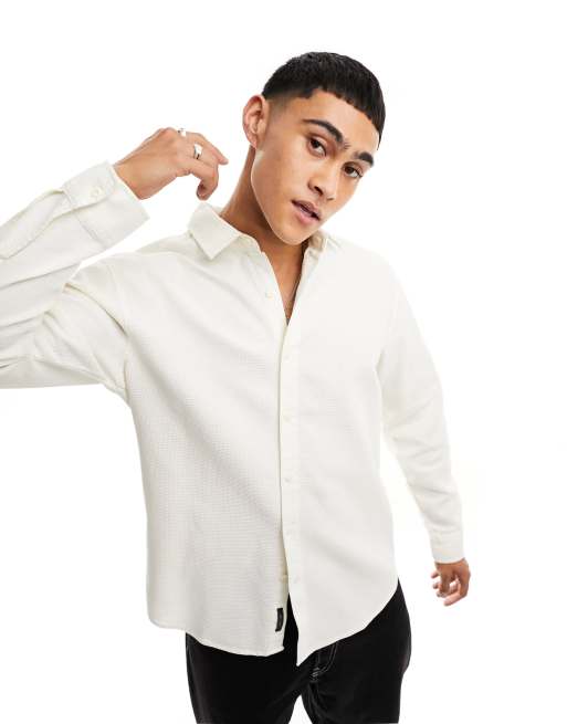 Pull&Bear – Langärmliges Hemd in Ecru mit Waffelstruktur