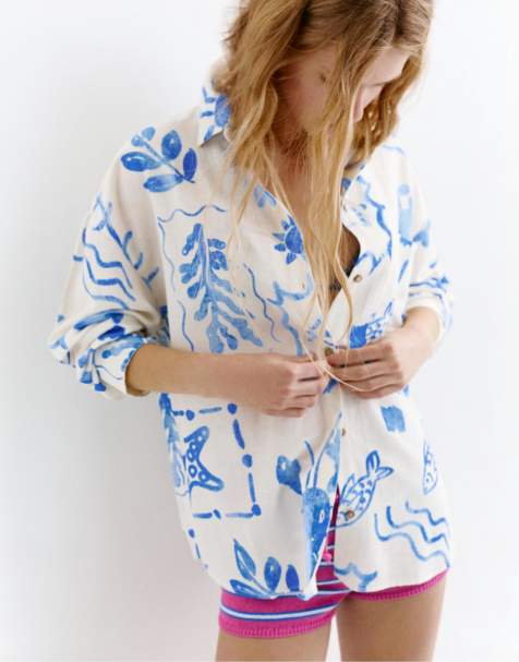 Pull&Bear – Langärmliges Hemd in Sand mit maritimem Print - view 1