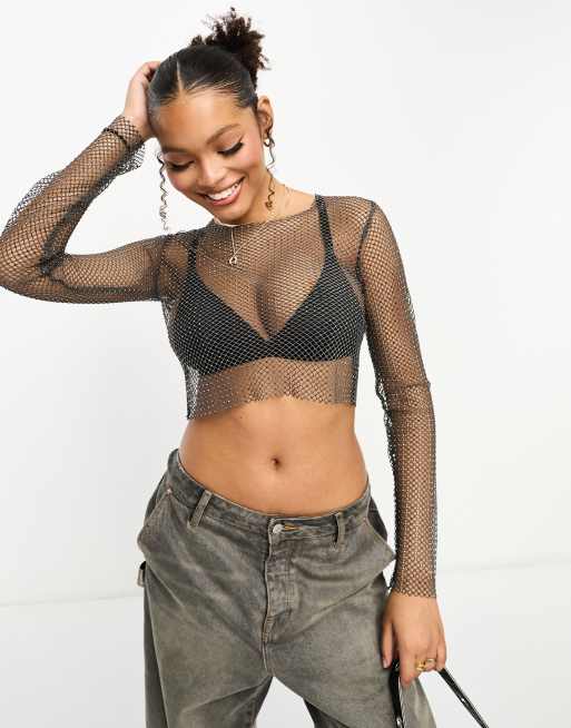 Pull&Bear – Langärmliges Netzstoff-Oberteil in Dunkelgrau mit grobmaschigem Strickmuster und Strass-Detail