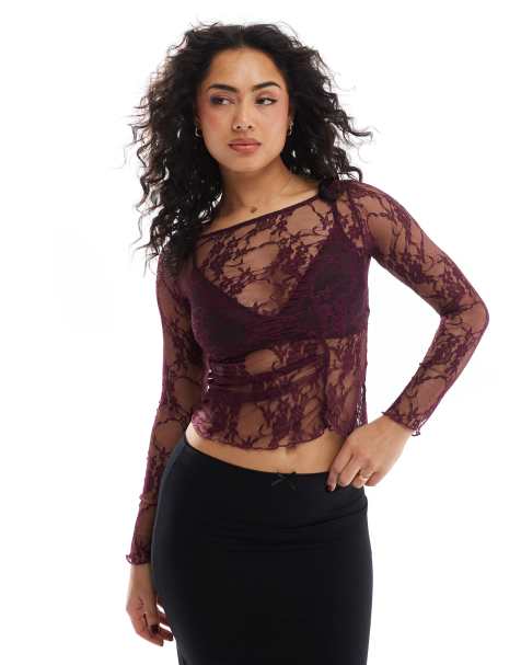 Pull&Bear – Langärmliges Oberteil aus Spitze in Burgunderrot mit asymmetrischem Saum - view 1