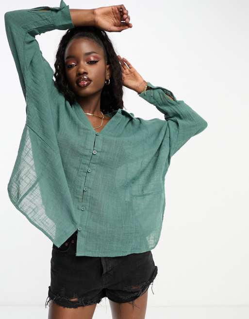 Pull&Bear – Langärmliges Oversize-Leinenhemd in Dunkelgrün