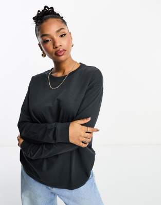 Pull & Bear - Langärmliges Oversize-Shirt in Anthrazit-Grau