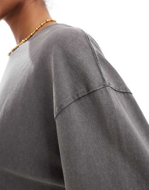 Pull&Bear – Langärmliges Oversize-Shirt in verwaschenem Dunkelgrau, 3 von 4