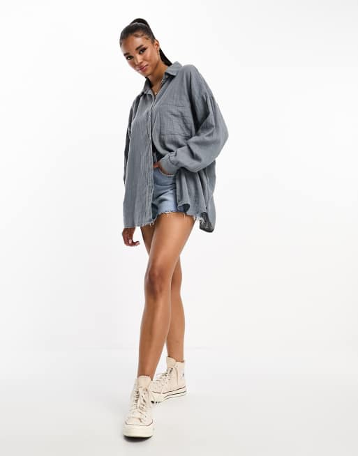 Pull&Bear – Langärmliges Oversized-Hemd aus Leinen in Petrolblau