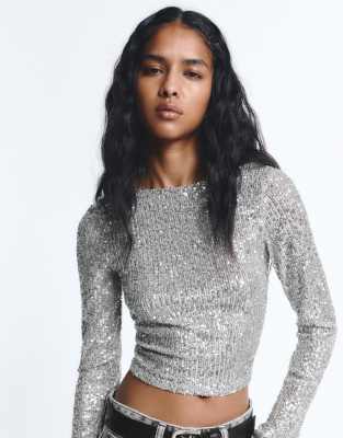 Pull & Bear - Langärmliges Pailletten-Oberteil in Silber