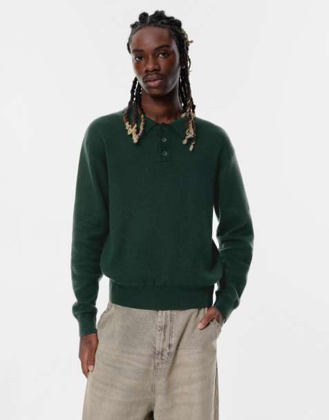 Pull&Bear – Langärmliges Polohemd in Dunkelgrün - view 1