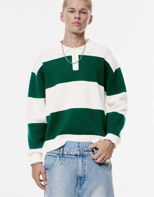 Pull&Bear – Langärmliges Polohemd in gestreiftem Dunkelgrün