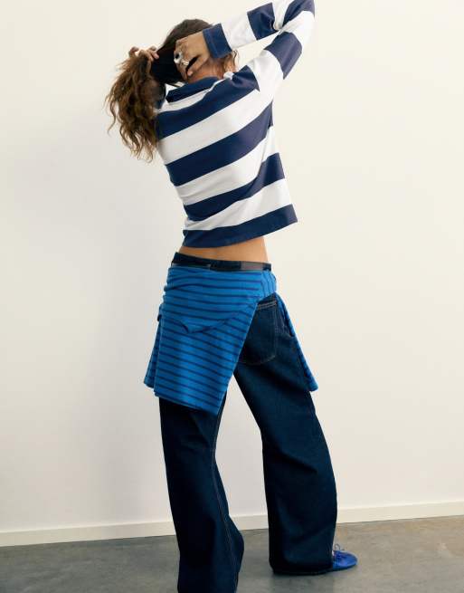 Pull&Bear langärmliges Polohemd in Marineblau und weißen Streifen, 2 von 7