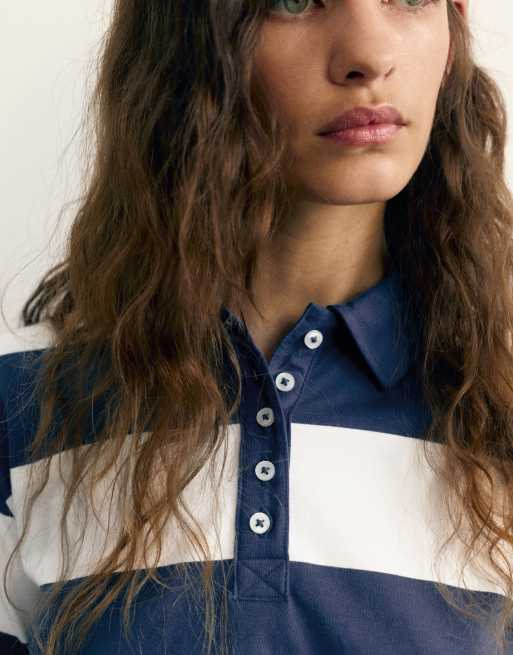 Pull&Bear langärmliges Polohemd in Marineblau und weißen Streifen, 3 von 7