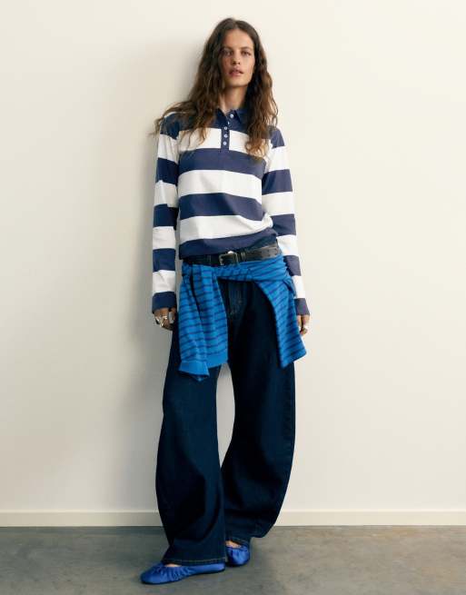 Pull&Bear langärmliges Polohemd in Marineblau und weißen Streifen, 4 von 7