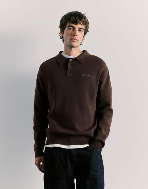 Pull&Bear langärmliges Strick-Polohemd in Braun - view 1