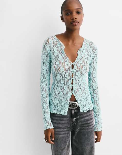 Pull&Bear – Langärmliges T-Shirt aus Spitze in Aquamarine - view 1