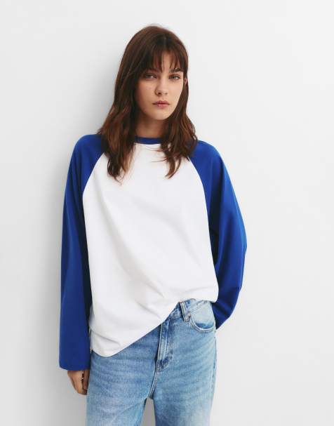 Pull&Bear – Langärmliges T-Shirt in Blau/Weiß mit Kontrast-Design - view 1