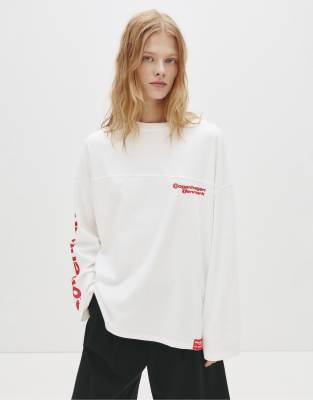 Pull & Bear - Langärmliges T-Shirt in Eisweiß mit Copenhagen-Print