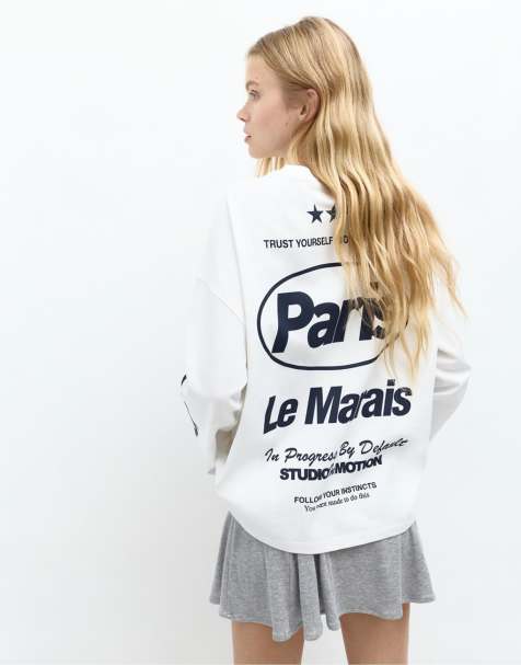 Pull&Bear – Langärmliges T-Shirt in Eisweiß mit Grafikprint - view 1