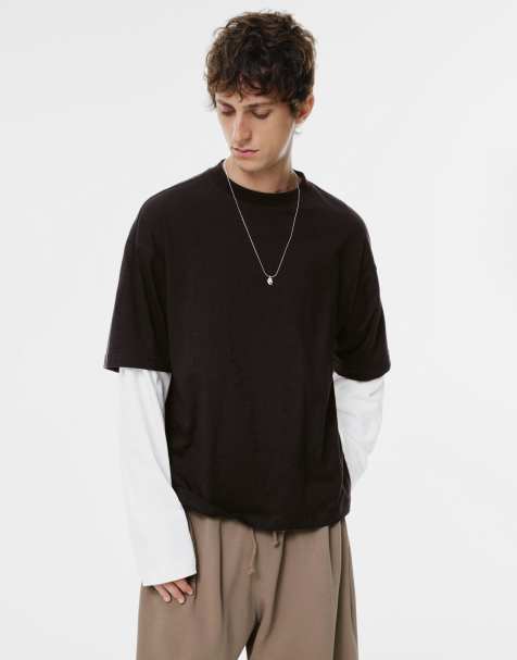 Pull&Bear – Langärmliges T-Shirt in Schwarz mit zweilagigem Ärmeldesign - view 1