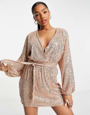 Pull\u0026Bear – Langärmliges, vorne gebundenes Paillettenkleid in Rosa | ASOS