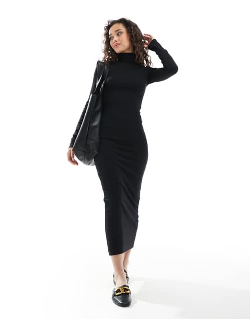 Pull&Bear – Langärmliges, wadenlanges Kleid in Schwarz