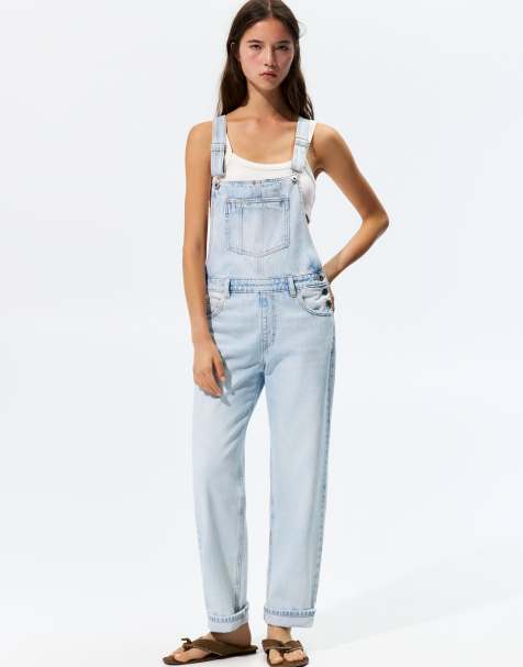 Pull&Bear - Lange blauwe denim tuinbroek in lichtblauw - view 1
