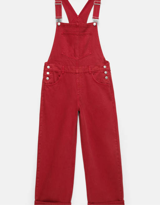 Pull&Bear lange denim tuinbroek in bordeauxrood, 4 van 6