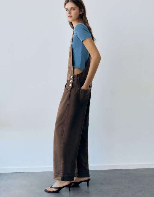 Pull&Bear lange denim tuinbroek in bruin, 2 van 7