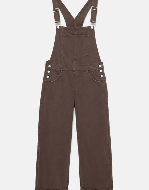 Pull&Bear lange denim tuinbroek in bruin, 6 van 7