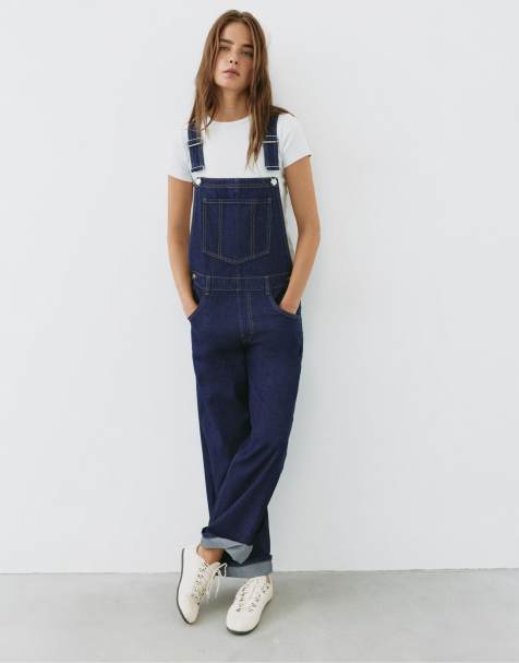 Pull&Bear lange denim tuinbroek in inktblauw - view 1