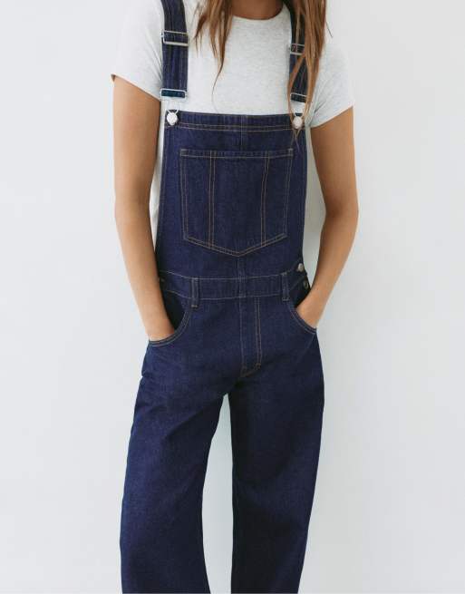 Pull&Bear lange denim tuinbroek in inktblauw, 3 van 7