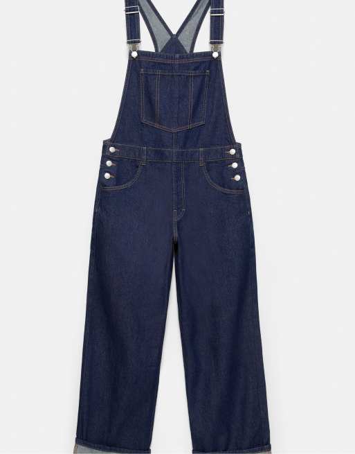 Pull&Bear lange denim tuinbroek in inktblauw, 6 van 7