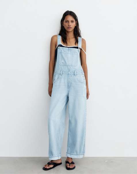 Pull&Bear - Lange denim tuinbroek in lichtblauw - view 1