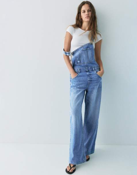 Pull&Bear - Lange denim tuinbroek in medium blauw - view 1