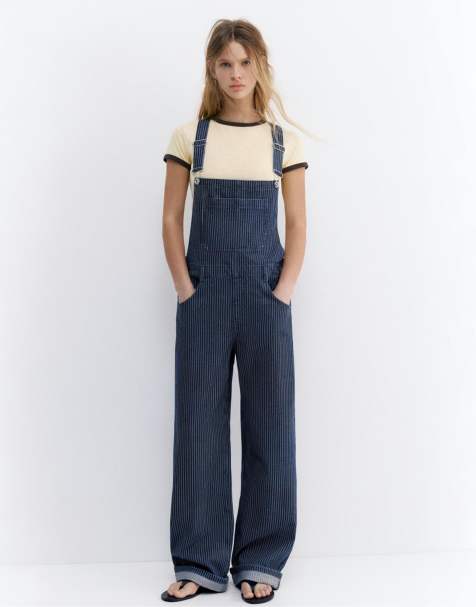 Pull&Bear – Lange, gestreifte Jeans-Latzhose in Dunkelblau - view 1