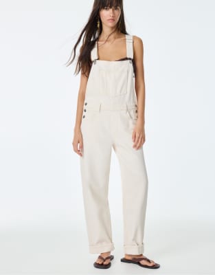 Pull & Bear - Lange Jeans-Latzhose in Beige-Neutral