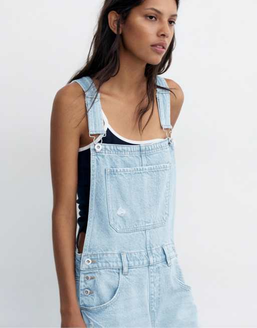Pull&Bear – Lange Jeans-Latzhose in Blassblau, 3 von 7