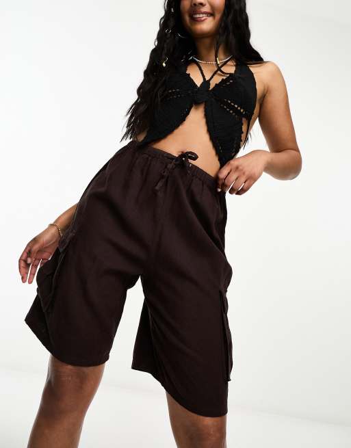 Pull&Bear - Lange linnen cargoshorts in bruin