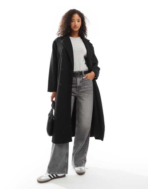 Pull&Bear – Langer, eleganter Mantel in Wolloptik in Schwarz