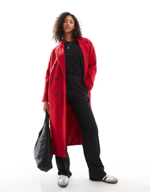 Pull&Bear – Langer, eleganter Mantel in Wolloptik in Tiefrot