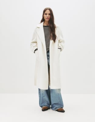 Pull & Bear - Langer Mantel in Beige mit Bindegürtel-Neutral