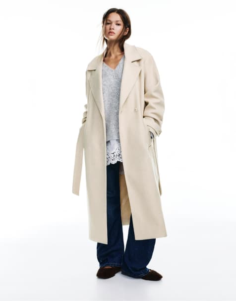 Pull&Bear – Langer Mantel in Beige mit Filzstruktur und Gürtel - view 1