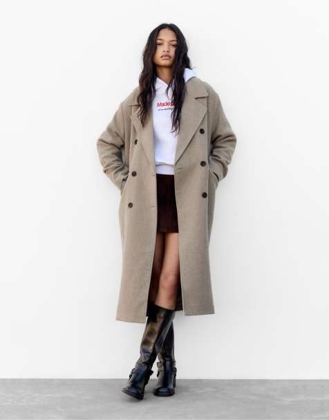 Pull&Bear – Langer Mantel in Steinbeige mit Filzstruktur - view 1