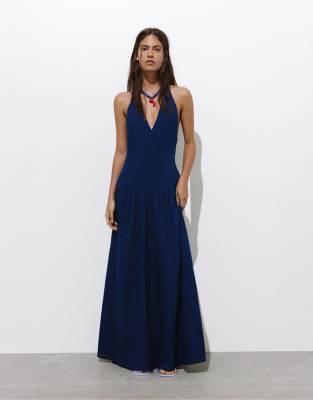 Langes Neckholder-Jeanskleid in Dunkelblau Blau M