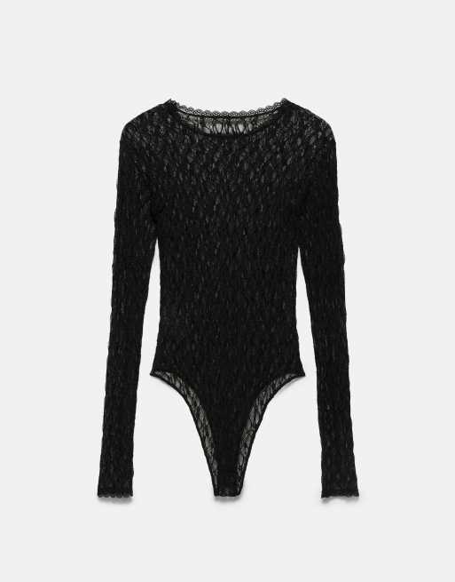 Pull&Bear langærmet bodystocking i sort blonde, 6 af 7