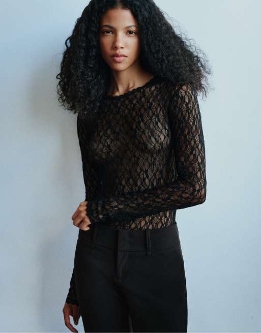 Pull&Bear langærmet bodystocking i sort blonde, 7 af 7