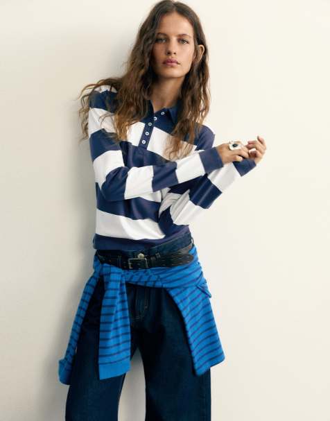 Pull&Bear langærmet poloskjorte i navy- og hvide striber - view 1